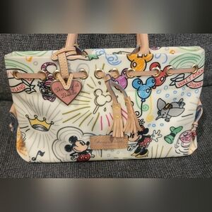Dooney & Bourke White Multi Disney Canvas Tote with Tan Leather Trim